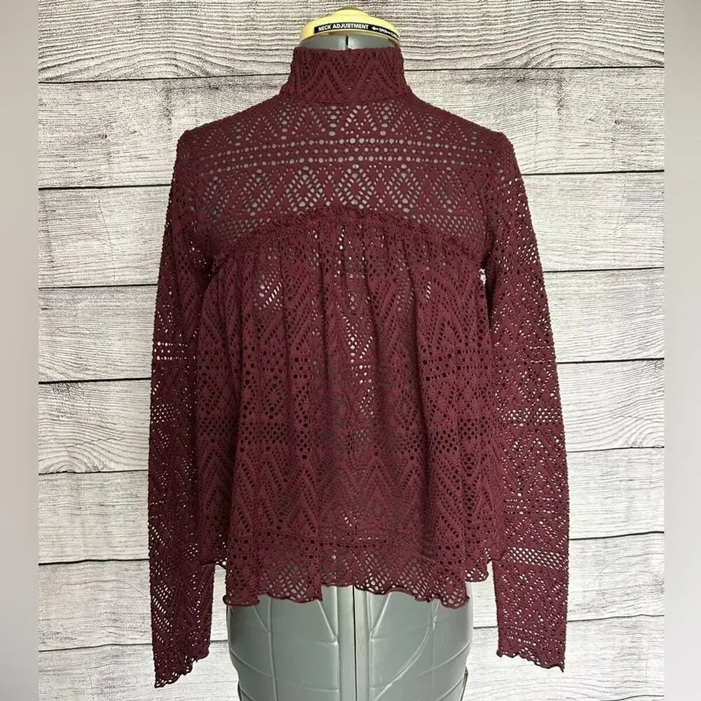 Free People Beach About Time Top Burgundy Lace Tunic Top Small
